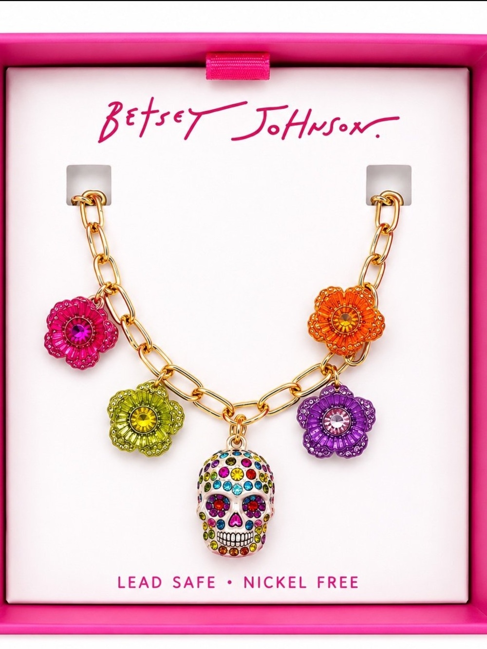 Betsey Johnson Gold-Tone Chain Necklace with Multicolor Flower & Skull Charms
